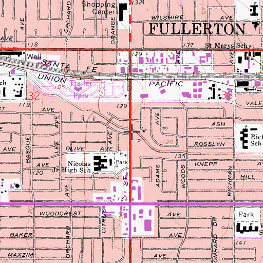 Topographic Map of Fullerton Alliance Church, CA