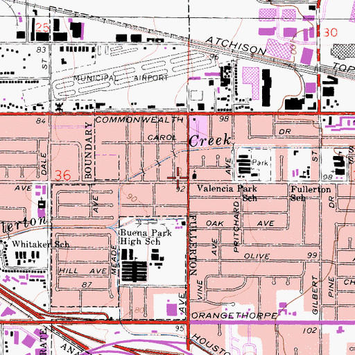Topographic Map of West Fullerton Baptist Church, CA