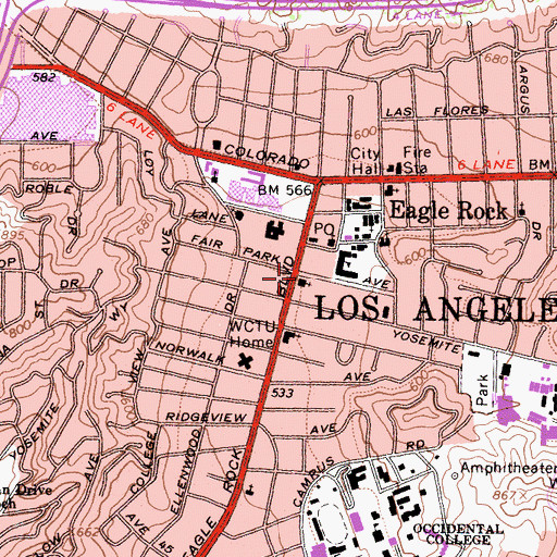 Topographic Map of Eagle Rock Nazarene Church, CA