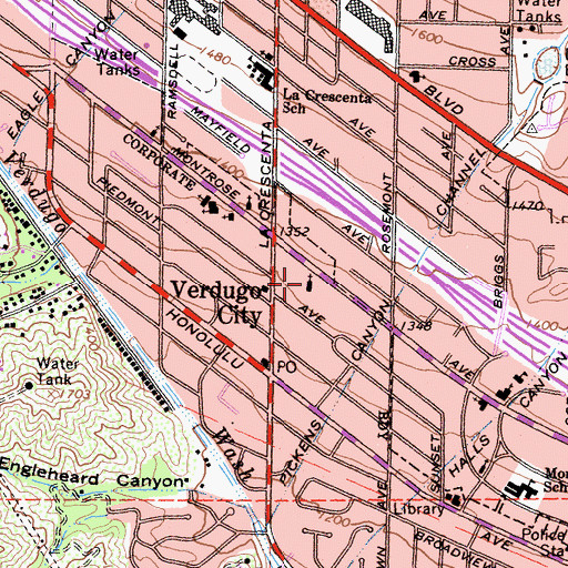 Topographic Map of Crescenta Valley United Methodist Church, CA