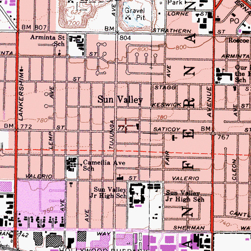 Topographic Map of First Christian Church of Sun Valley, CA