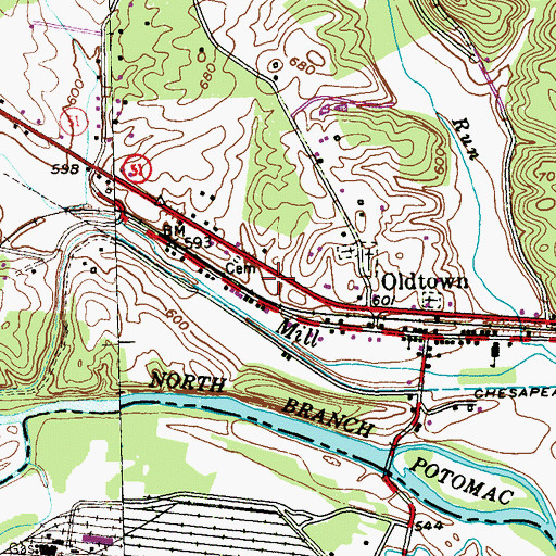 Topographic Map of Oldtown Volunteer Fire Department, MD