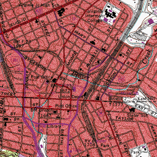 Topographic Map of Bristol Fire Department Station 1, VA