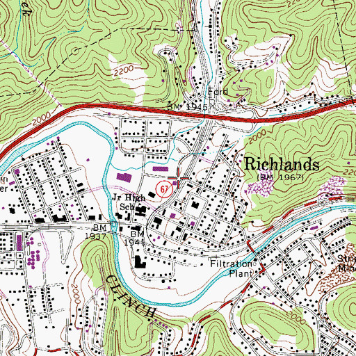 Topographic Map of Richlands Fire and Rescue Station 2, VA
