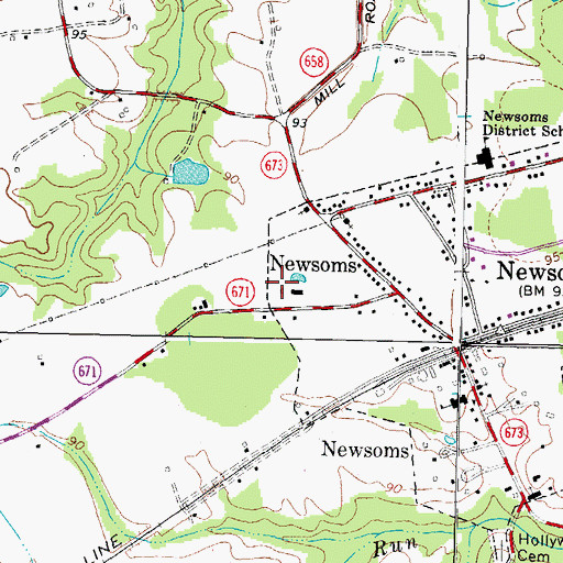 Topographic Map of Newsoms Volunteer Fire Department, VA