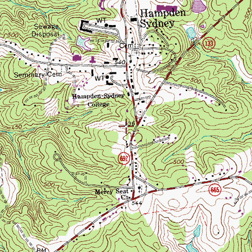 Topographic Map of Hampden - Sydney Volunteer Fire Department, VA