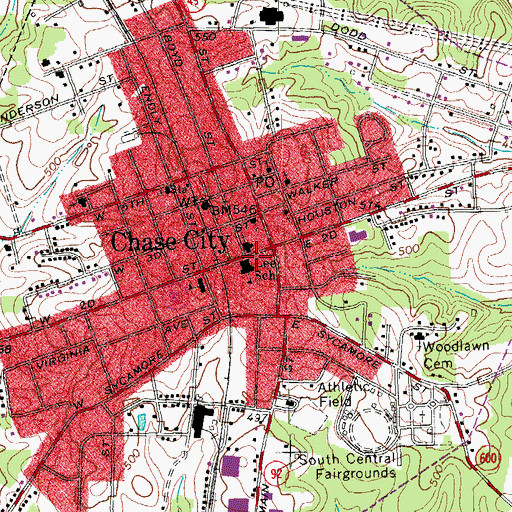 Topographic Map of Chase City Volunteer Fire Department Company 3, VA