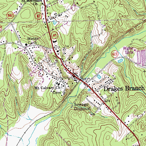 Topographic Map of Drakes Branch Volunteer Fire Department, VA
