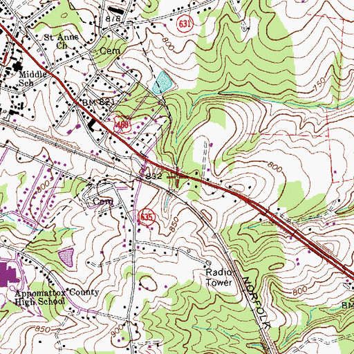 Topographic Map of Appomattox Volunteer Fire Department, VA