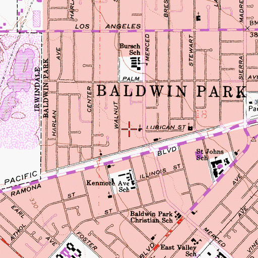 Topographic Map of Baldwin Park Free Will Baptist Church, CA
