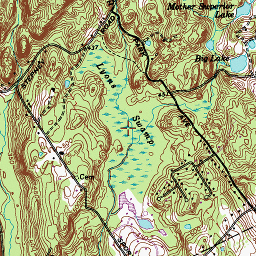 Topographic Map of Lyons Swamp, CT