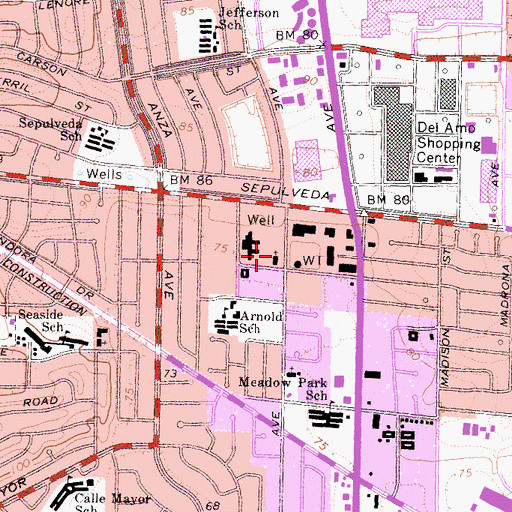Topographic Map of Del Amo Southern Baptist Church, CA