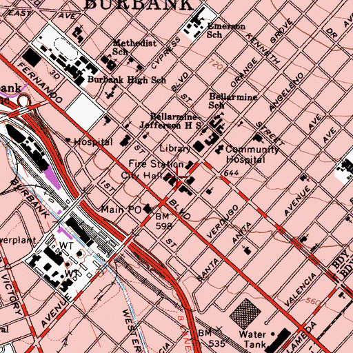 Topographic Map of Burbank County Courts Building, CA