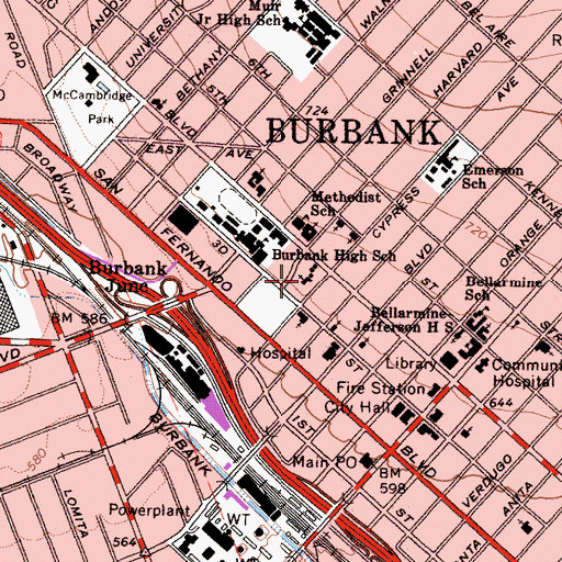 Topographic Map of Burbank Evangelical United Brethren Church (historical), CA