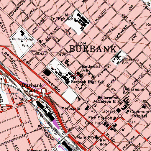 Topographic Map of First Methodist Church of Burbank, CA