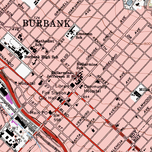 Topographic Map of First Presbyterian Church of Burbank, CA