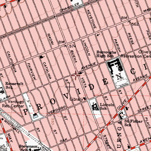 Topographic Map of Second Church of Christ Scientist, CA