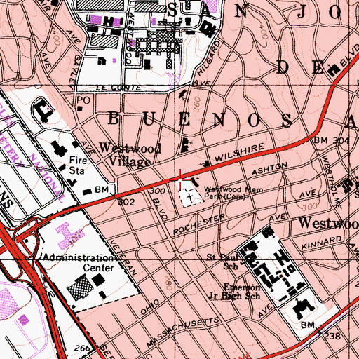 Topographic Map of Westwood Presbyterian Church, CA