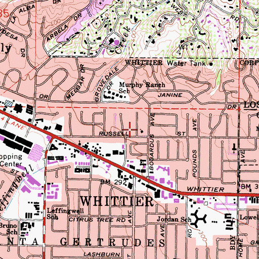 Topographic Map of Whittier Hills Baptist Church, CA