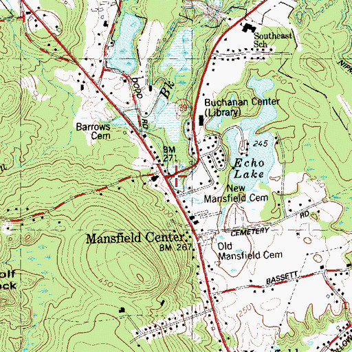 Topographic Map of Mansfield Center, CT