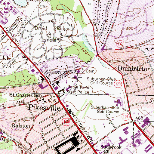 Topographic Map of Pikesville Volunteer Fire Company Station 32, MD