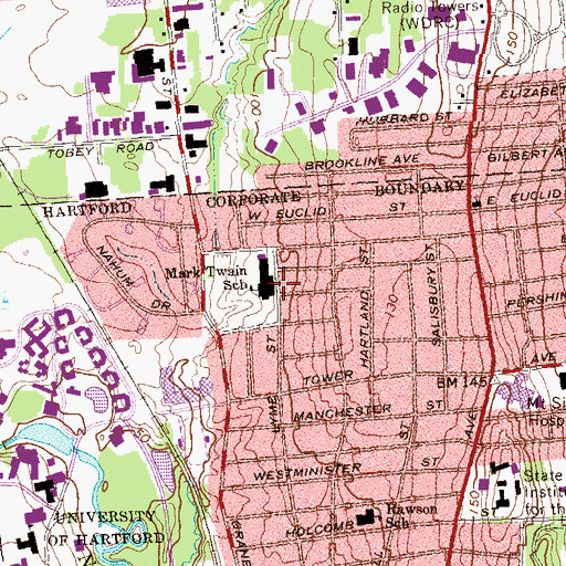 Topographic Map of Mark Twain School, CT