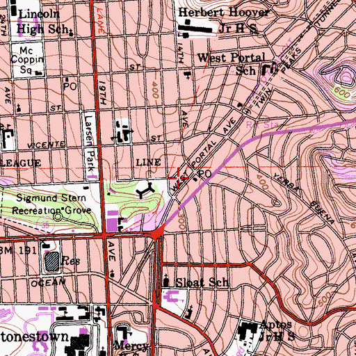 Topographic Map of West Portal Post Office, CA