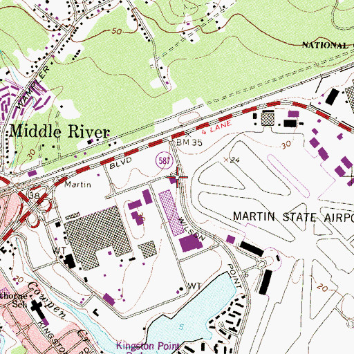 Topographic Map of Middle River Post Office, MD