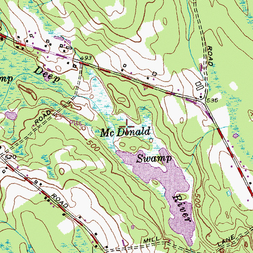 Topographic Map of McDonald Swamp, CT