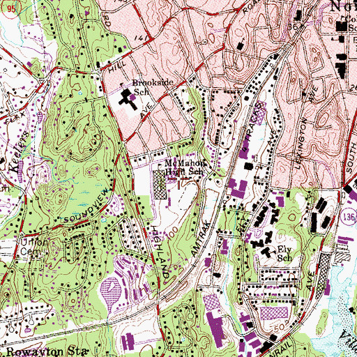 Topographic Map of Brien McMahon High School, CT