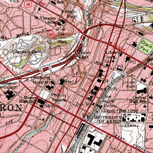 Topographic Map of Akron Civic Center, OH