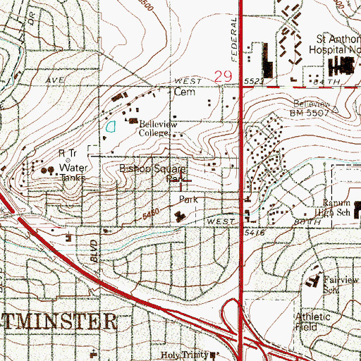 Topographic Map of Bishop Square Park, CO
