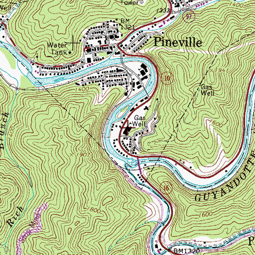 Topographic Map of Pineville Middle School, WV