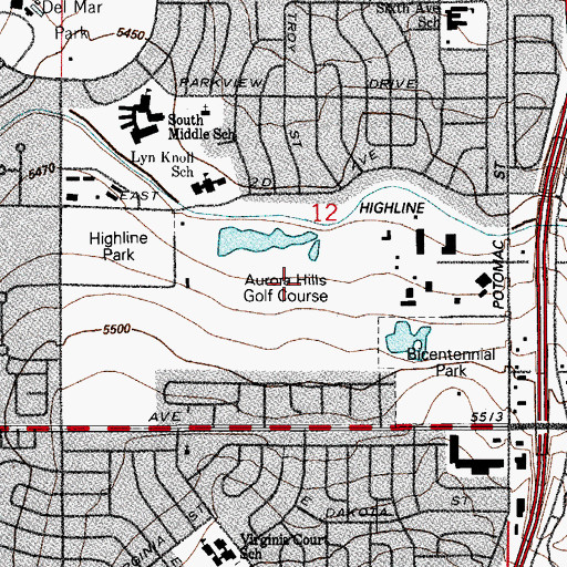 Topographic Map of Aurora Hills Golf Course, CO