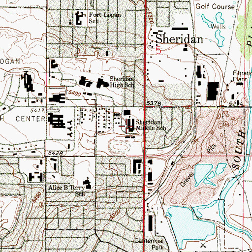 Topographic Map of Sheridan Middle School, CO