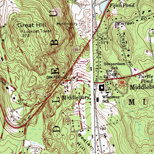 Topographic Map of Middlebury, CT