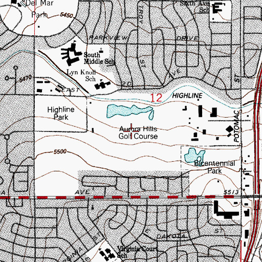 Topographic Map of Aurora Hills Golf Course, CO