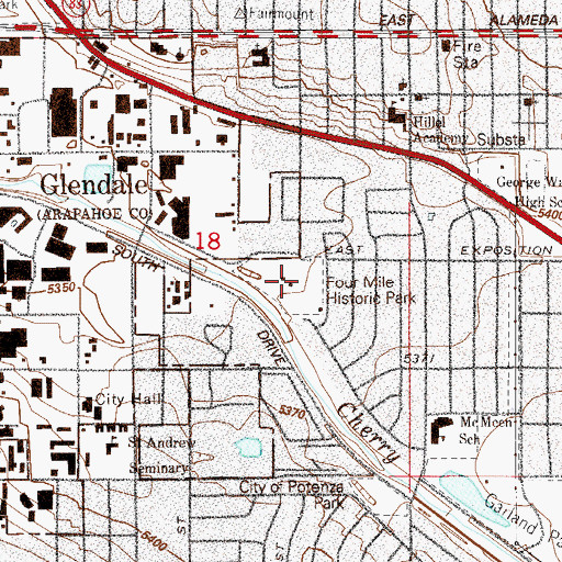 Topographic Map of Four Mile Historic Park, CO