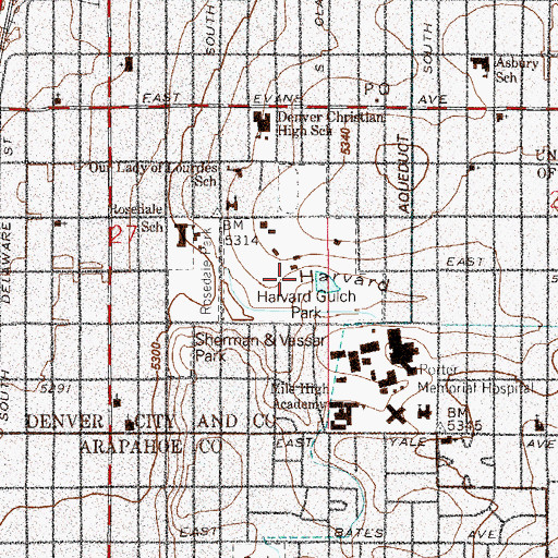 Topographic Map of Harvard Gulch Park, CO