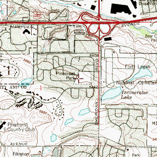 Topographic Map of Pinecrest Park, CO