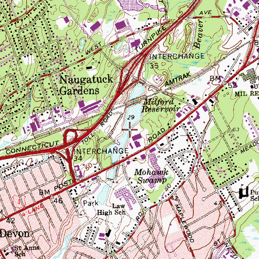 Topographic Map of Milford Reservoir, CT