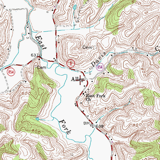 Topographic Map of Alley Post Office, KY