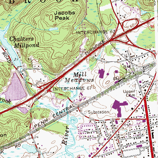 Topographic Map of Mill Meadows, CT
