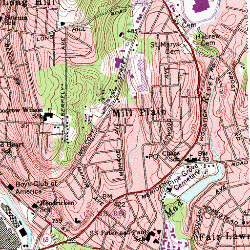 Topographic Map of Mill Plain, CT