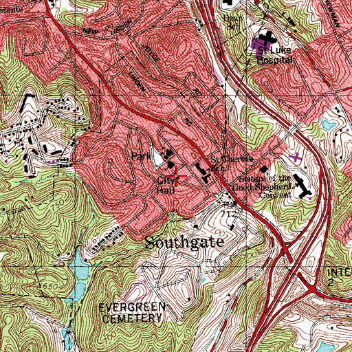 Topographic Map of Southgate City Hall, KY