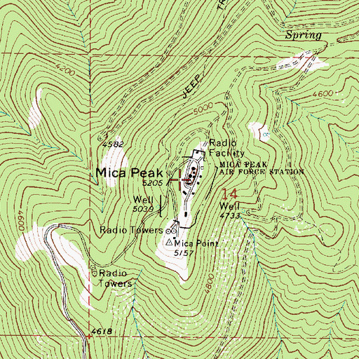 Topographic Map of Mica Peak Air Force Station (historical), WA