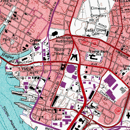 Topographic Map of Walter E Hoffman Courthouse, VA