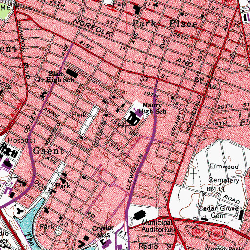 Topographic Map of Van Wyck Branch Norfolk Public Library, VA