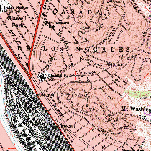 Topographic Map of Mount Washington Four Square Church, CA