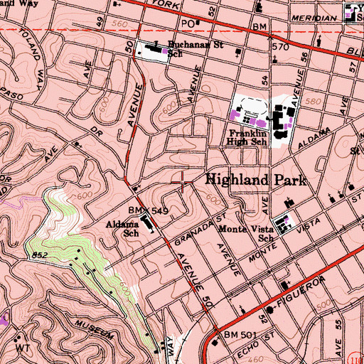 Topographic Map of Highland Park Sanitarium, CA